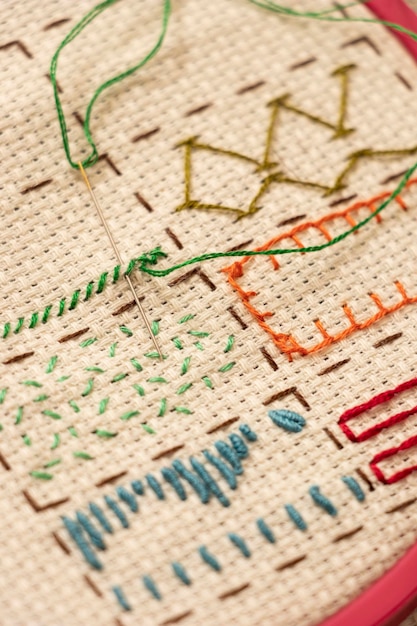 Close-up of embroidered pattern on linen