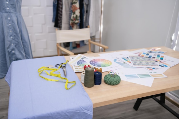 Workspace with embroidery tools